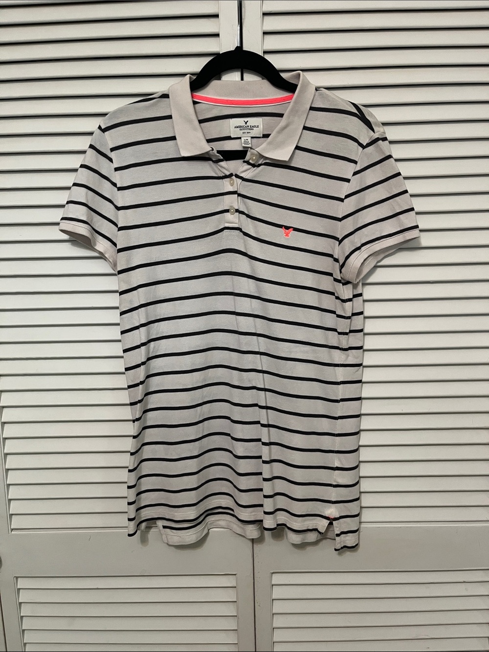 American Eagle Outfitters White Polo with Black Stripes and Pink Logo